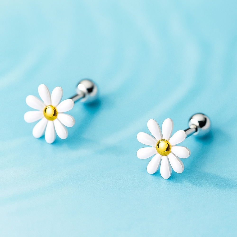 Solid Silver Daisy Flower Screw Back Studs Earrin… - image 1